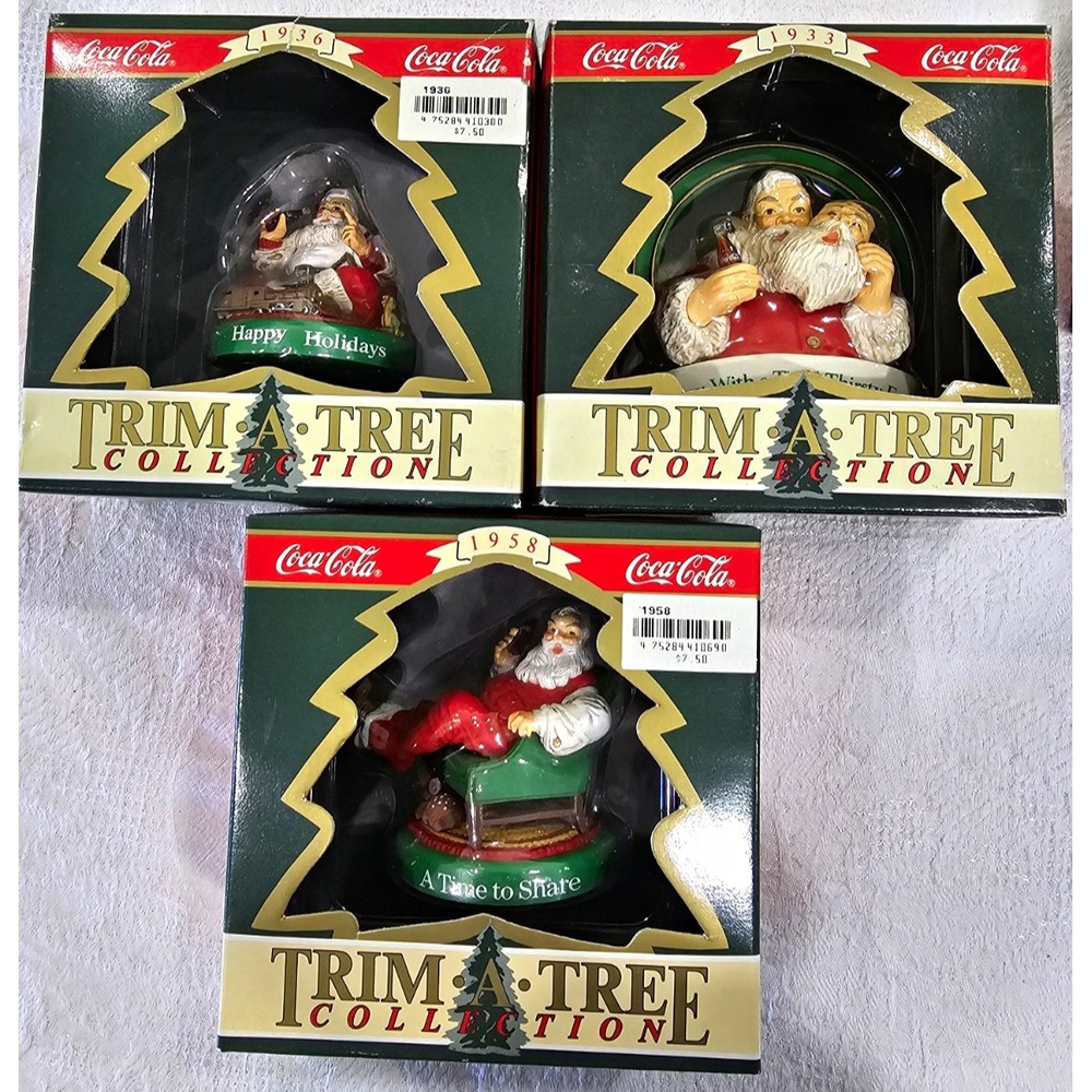 Lot of 3 Coca Cola Trim A Tree Santa Ornaments Vintage 1933 1936 1958 NIB